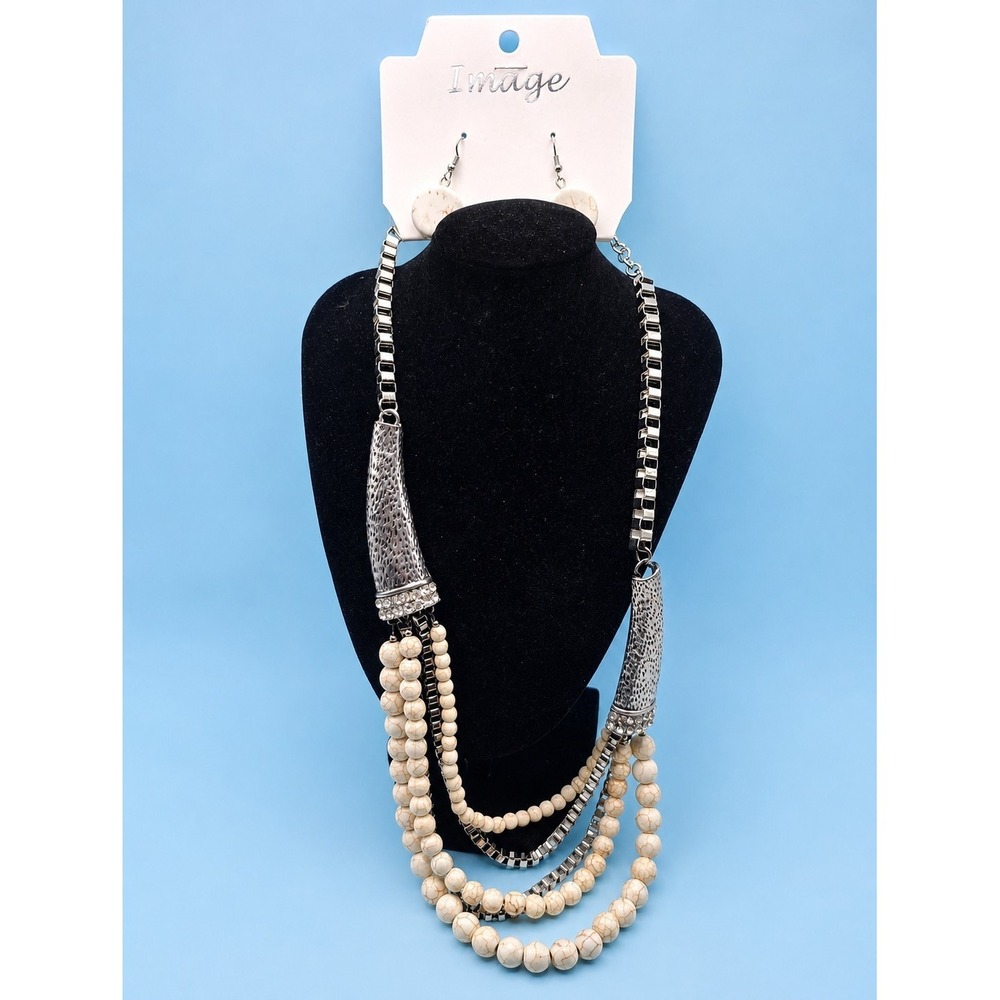 Image Layered Faux Howlite Bead Silver Tone Necklace Earrings Set 12" -3450